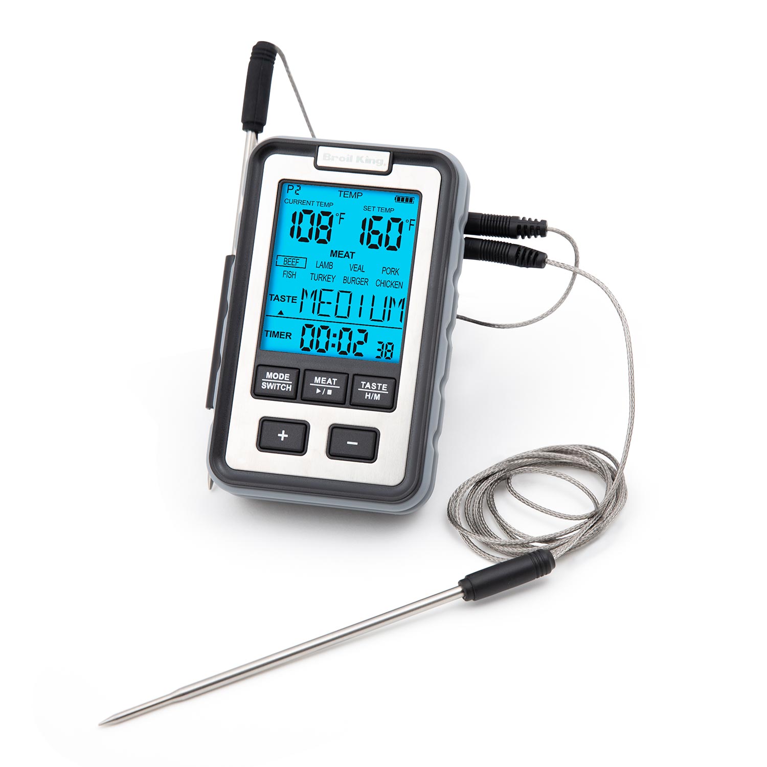 Broil King digital thermometer with two metal probes and coiled cable, blue LCD display