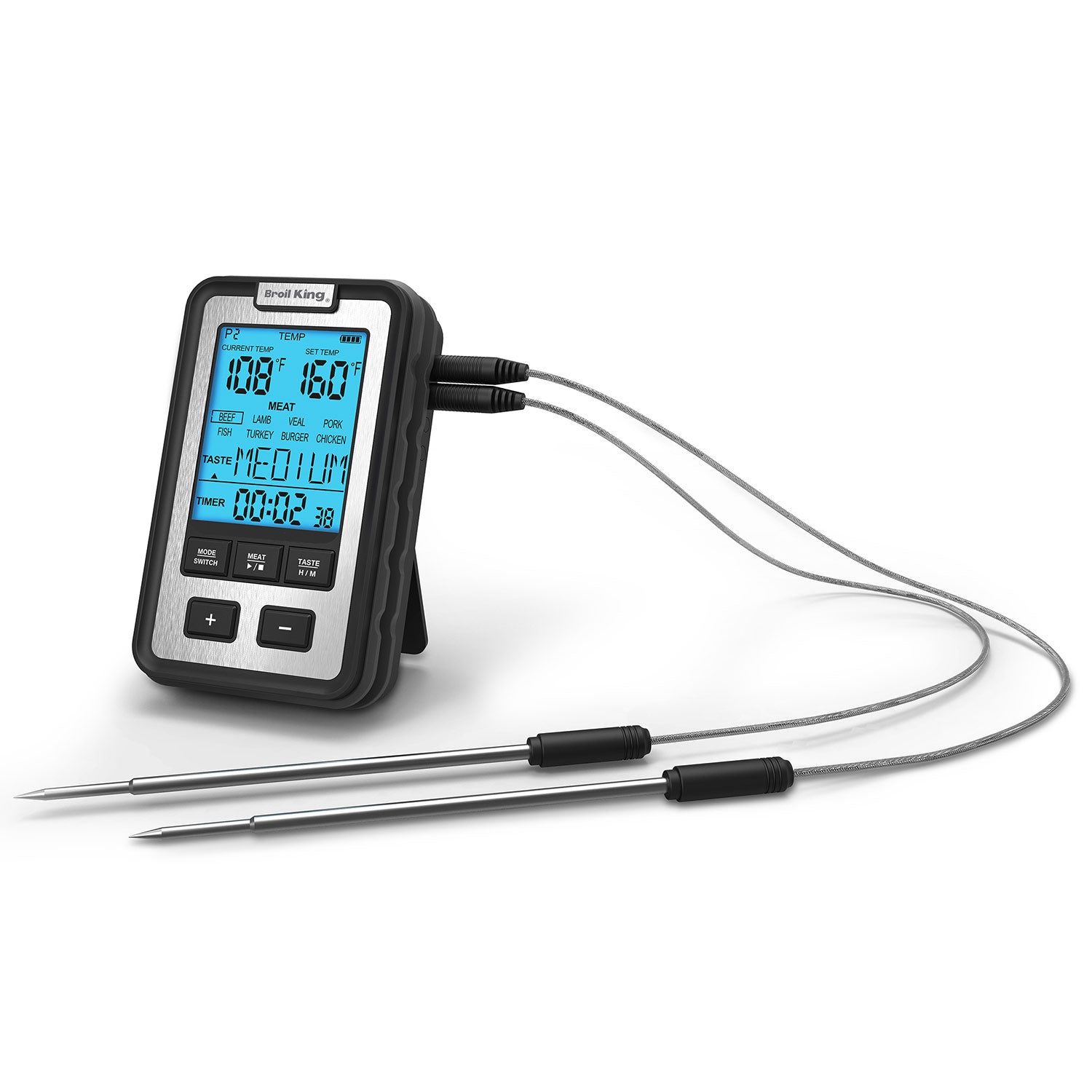 Broil King digital probe thermometer with two stainless sensor tips and grey cable