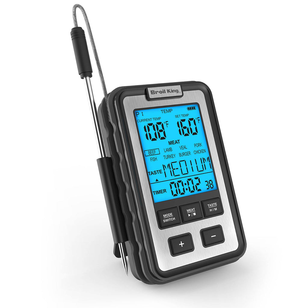 Broil King digital meat thermometer with long stainless probes and blue LCD screen