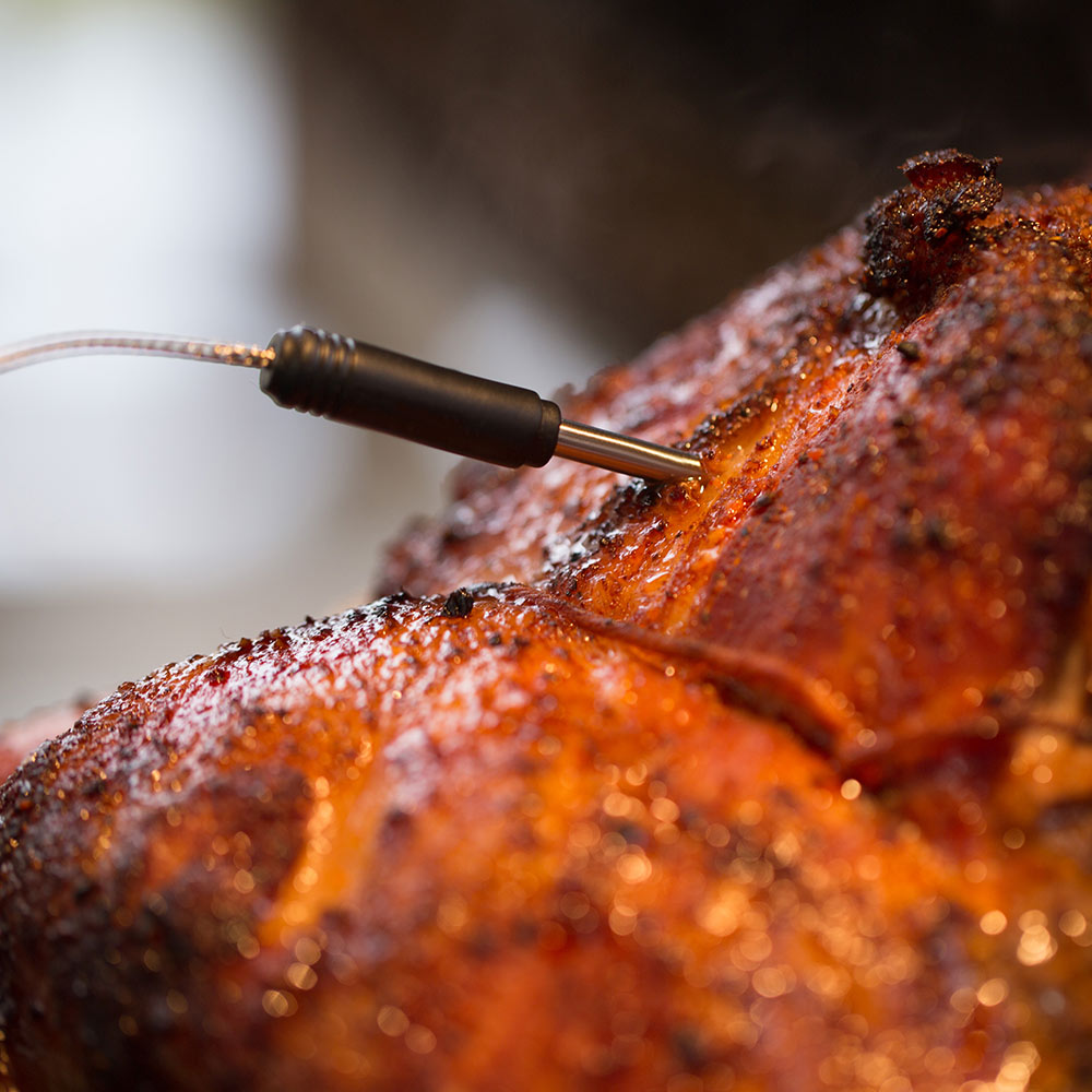 Thermometer probe tip in contact with grilled steak surface