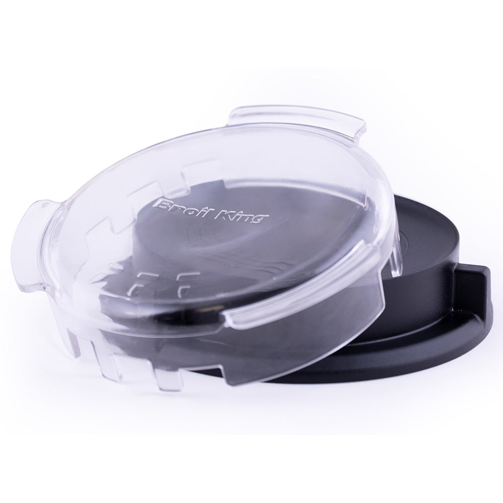 Deluxe burger press with clear lid over black base