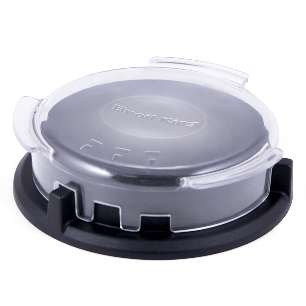 Deluxe burger press with clear lid closed on black base