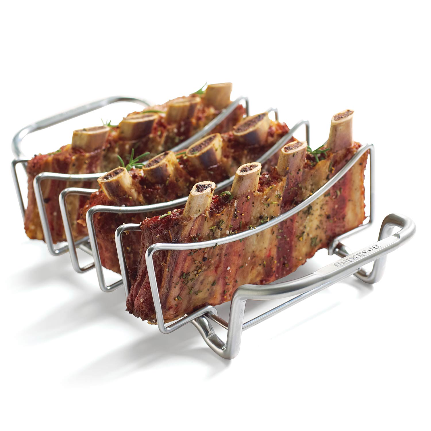 Stainless rib and roast rack with curved wire bars and side handles