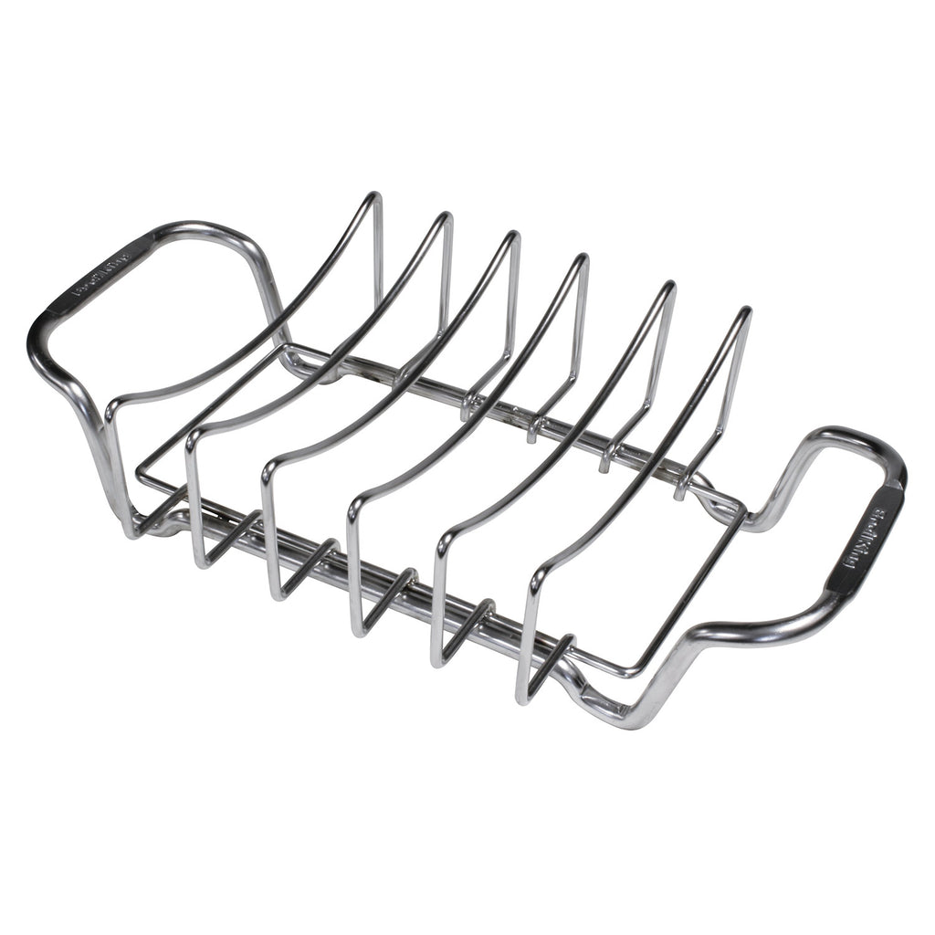 Stainless rib and roast rack wire tines with curved handles, close-up
