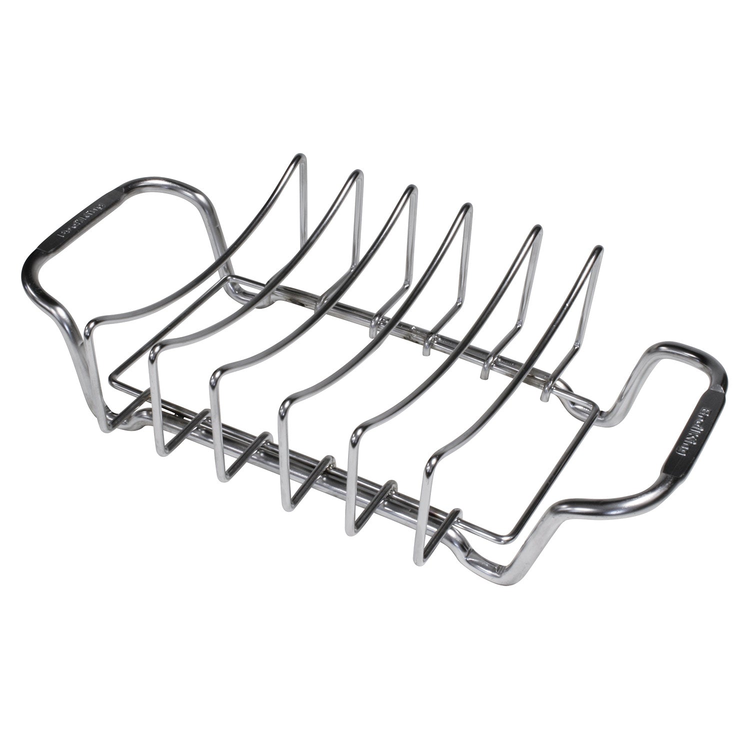 Stainless rib and roast rack wire tines with curved handles, close-up