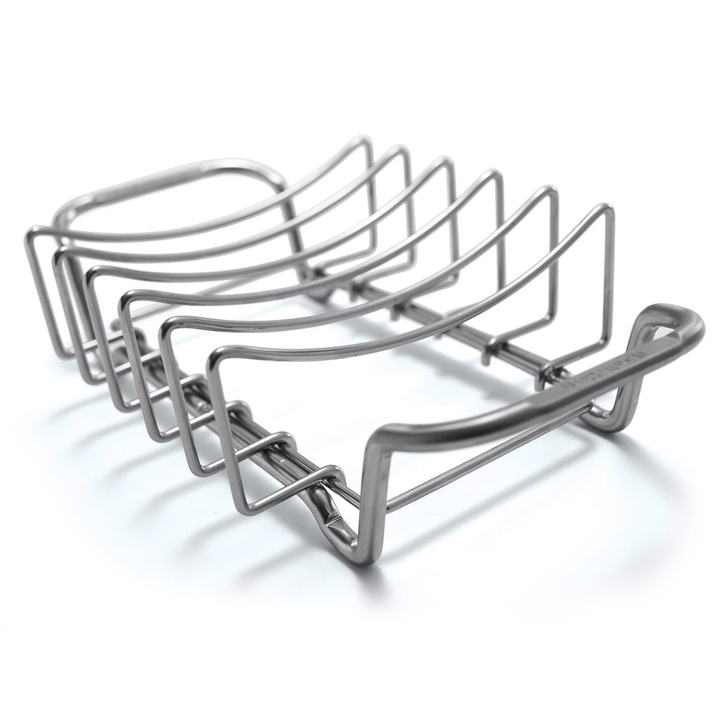 Stainless rib and roast rack with arched wire bars and curved support legs