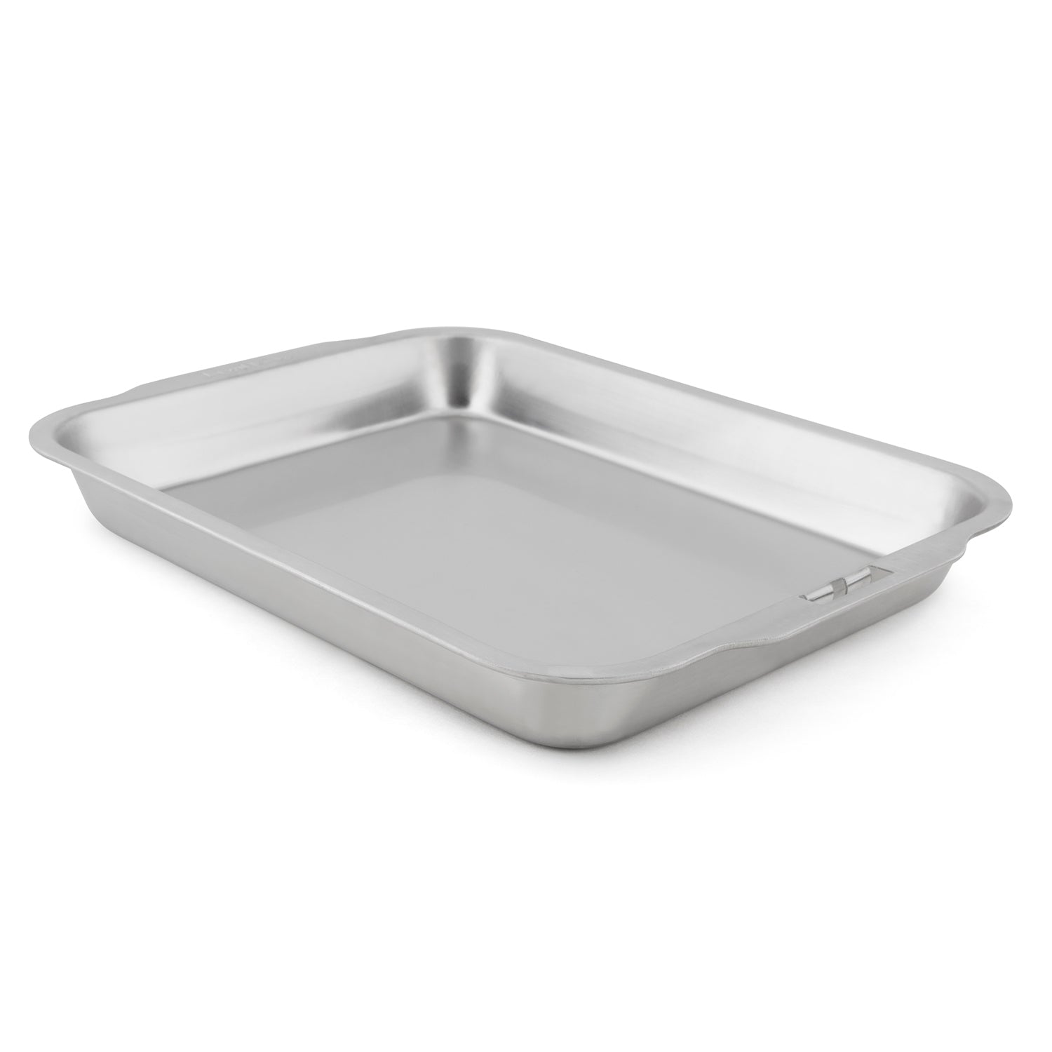 Stainless steel roasting and drip pan with shallow interior