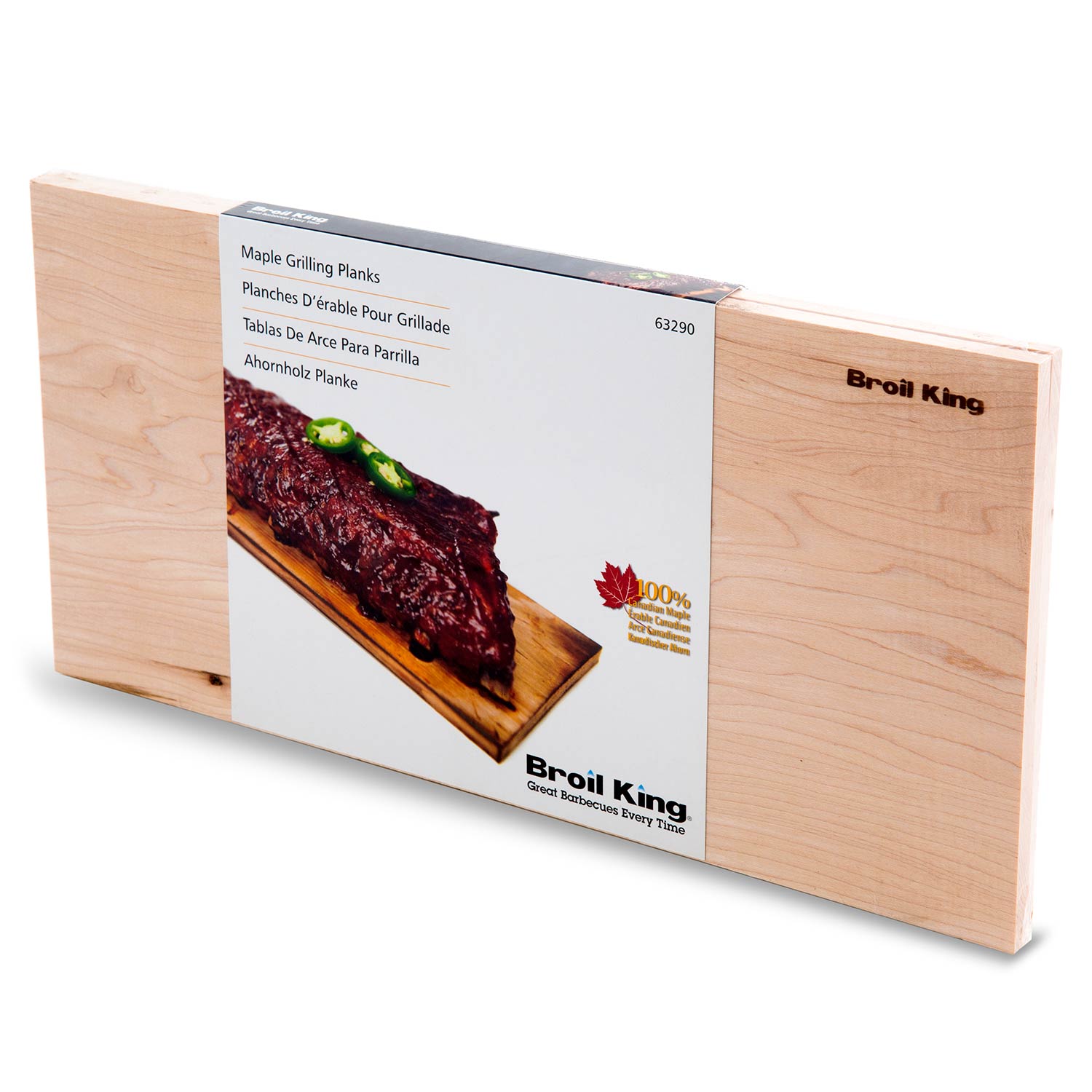 Packaged maple grilling planks with wooden board and grilled-meat image