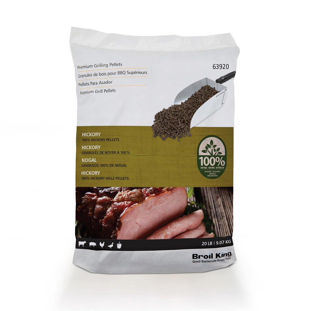 Broil King 63920 hickory wood pellets bag with front label and pellet scoop illustration