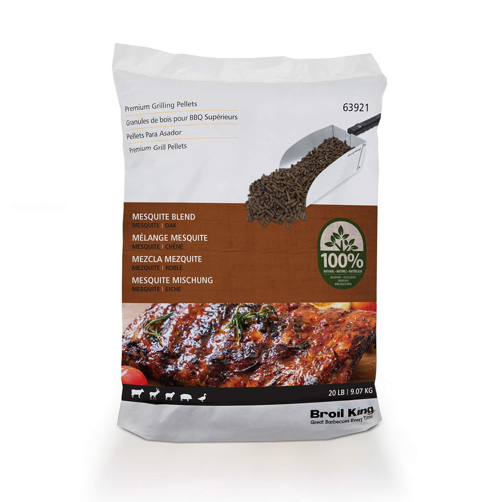 Broil King mesquite blend wood pellet bag with 100% hardwood badge