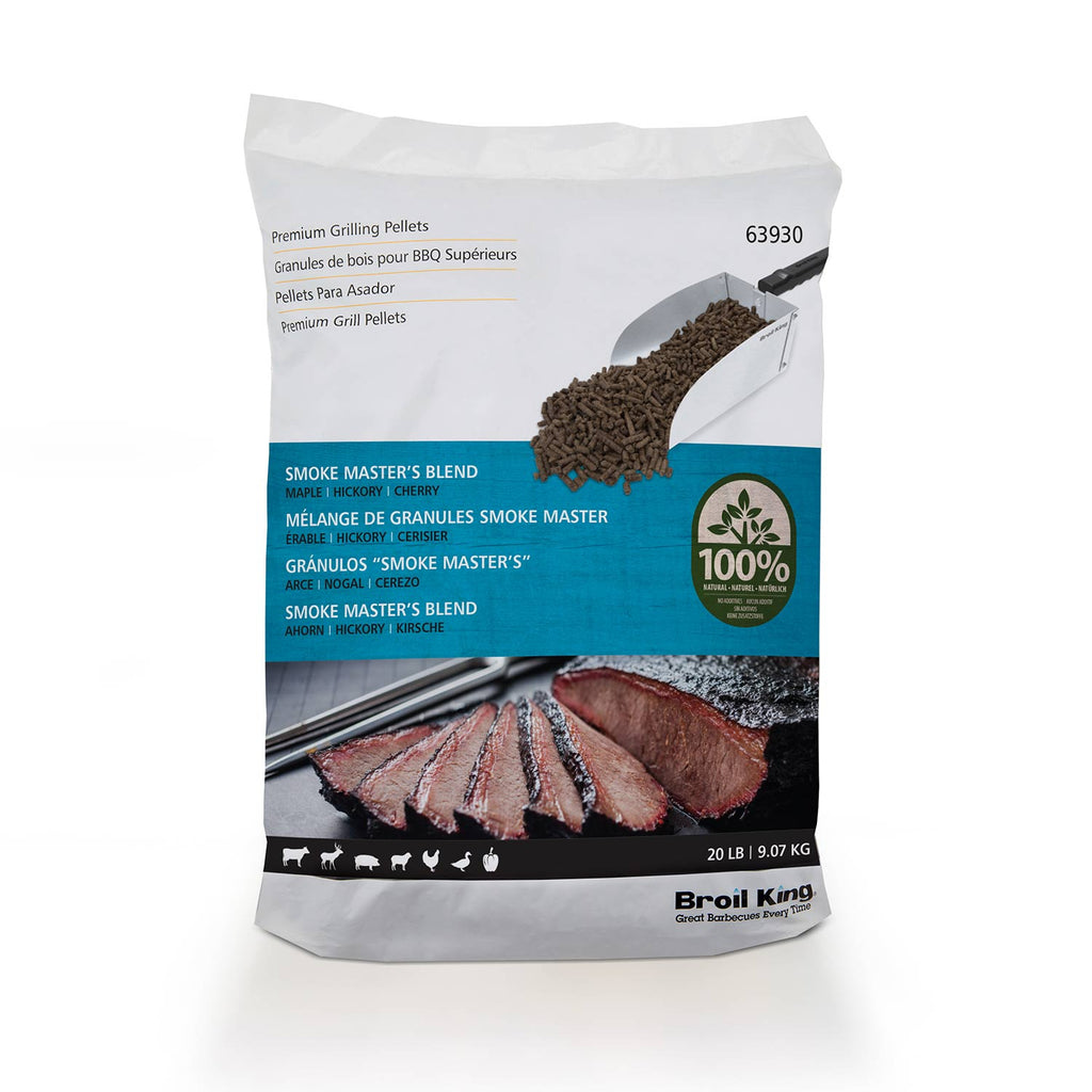Wood pellet bag with Smoke Master’s Blend label and grilling pellet graphics