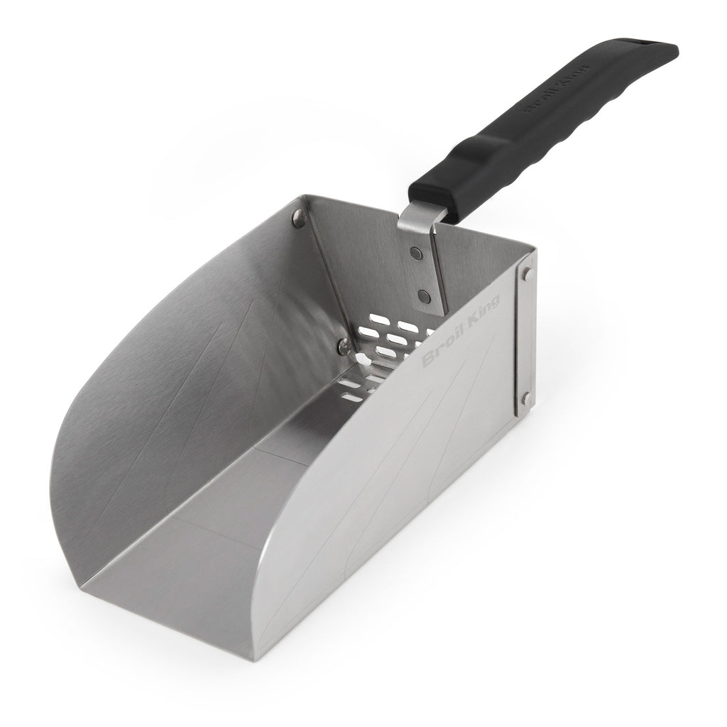 Metal pellet and charcoal scoop with black handle and hinged side latch