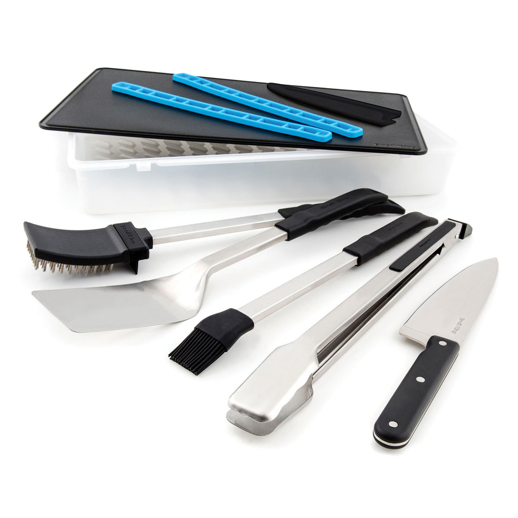 Porta-Chef grill tool set with blue tool caddy and stainless steel grilling tools