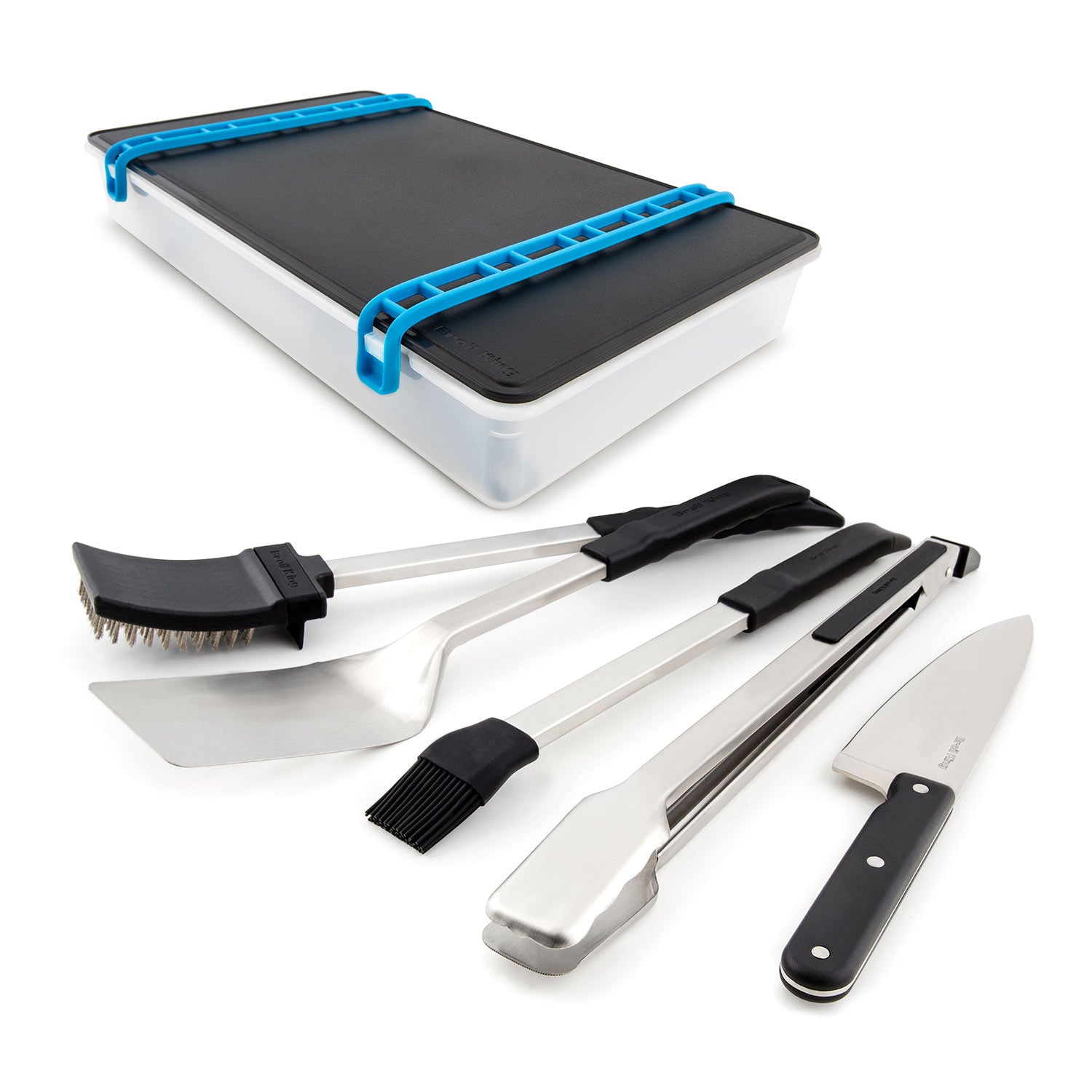 Porta-Chef grill tool set with blue-handled grill tools and black accessories