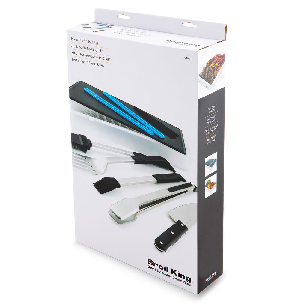 Broil King Porta-Chef grill tool set box with blue-handled tools pictured