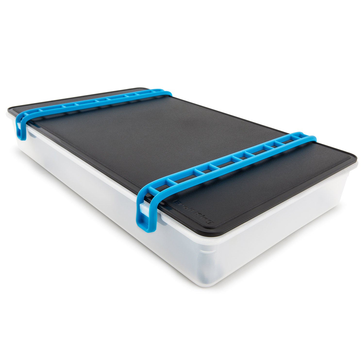 Porta-Chef grill tray with blue handles and black lid surface