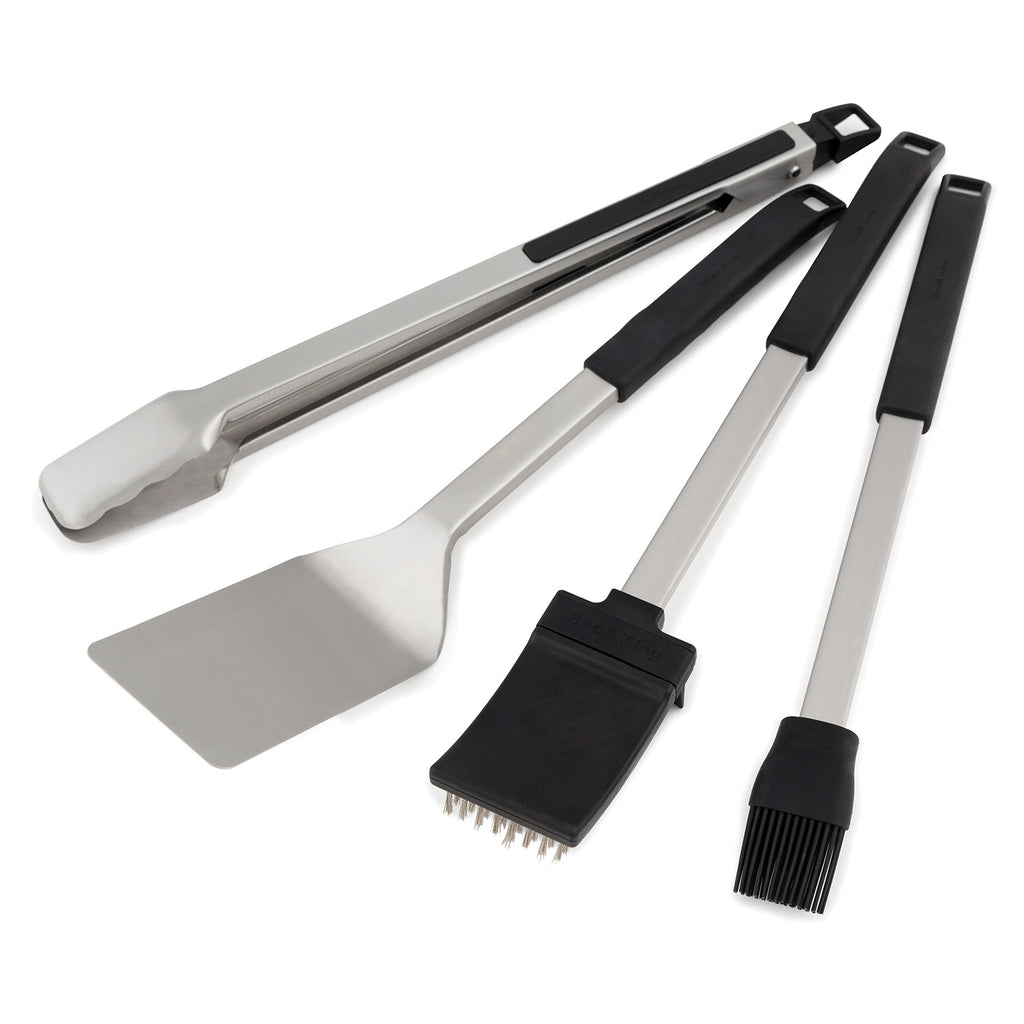 Broil King grill tool set with spatula, turner, brush and fork tools, silver and black