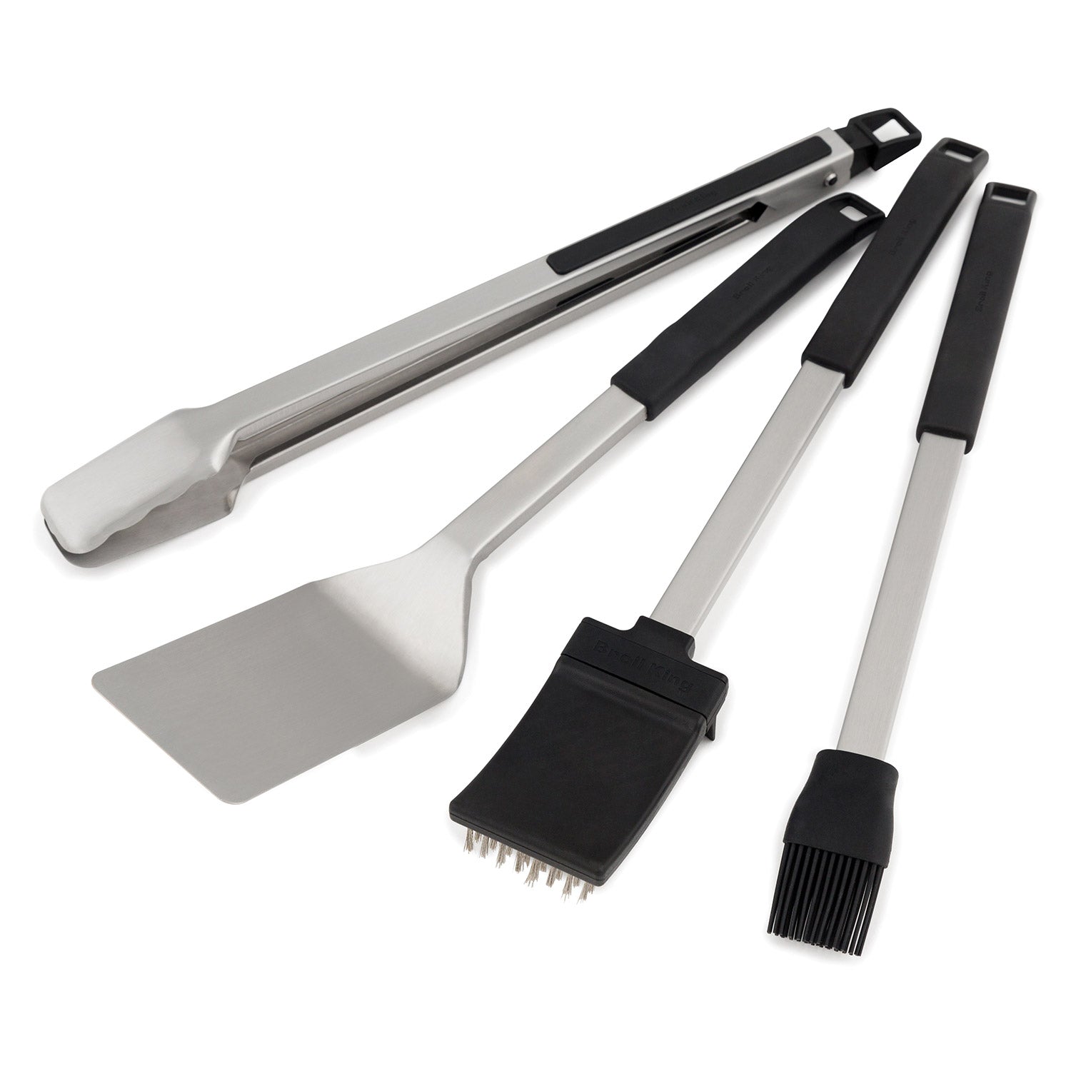 Broil King grill tool set with spatula, turner, brush and fork tools, silver and black
