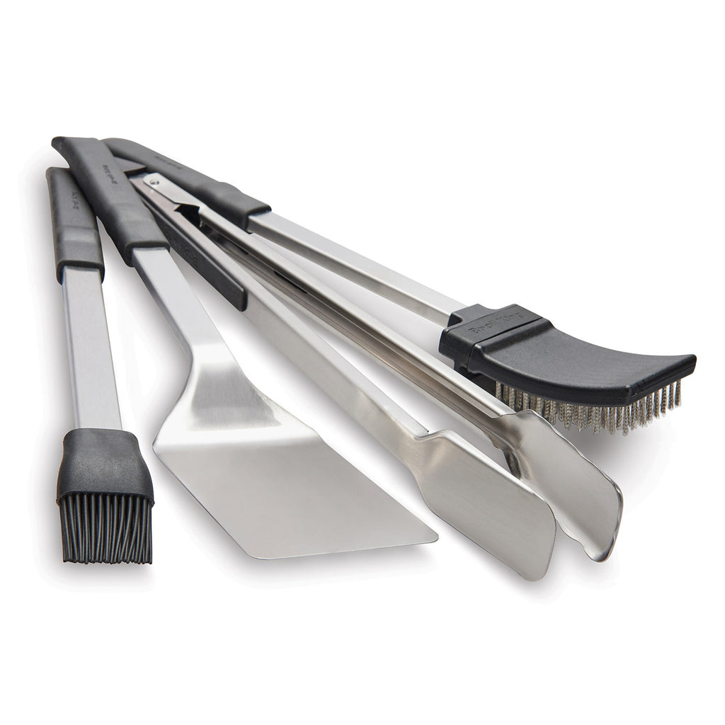 Broil King grill tool set with long tongs, spatulas and brush, silver and black handles