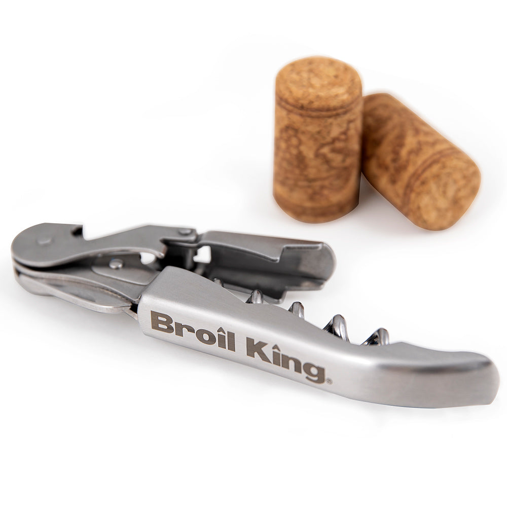 Wine bottle opener with corkscrew, chrome metal and dark handle grip, Broil King.