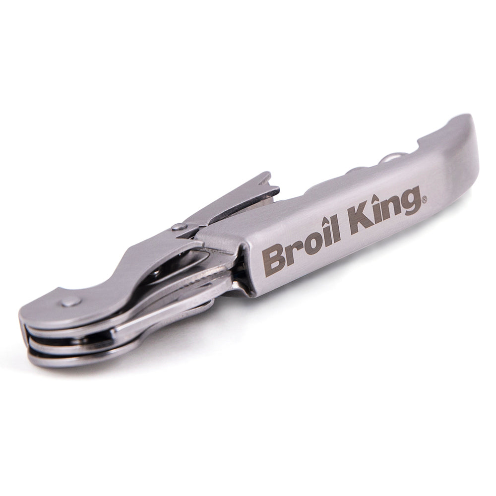 Wine bottle opener with cork puller, chrome body and Broil King logo on handle.