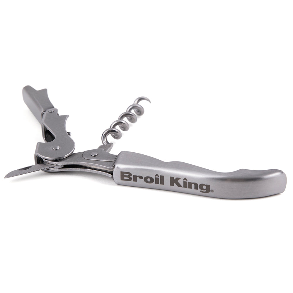 Wine bottle opener with corkscrew spring and Broil King logo, chrome lever tool.