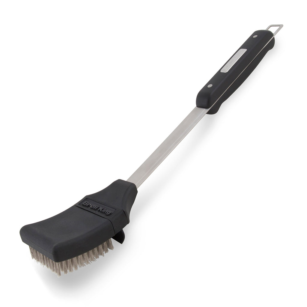 Grill brush with long metal handle and black bristle head for cleaning grates
