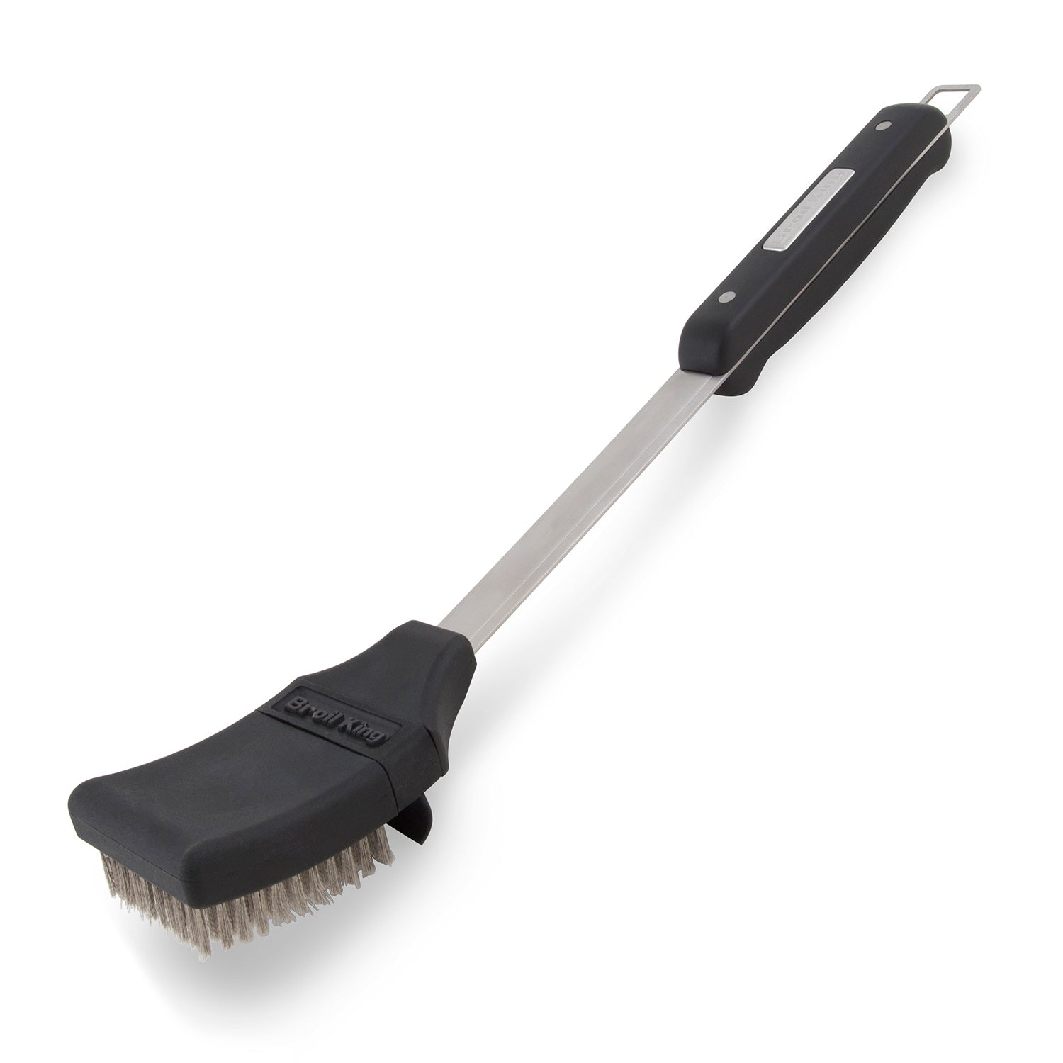 Grill brush with long metal handle and black bristle head for cleaning grates