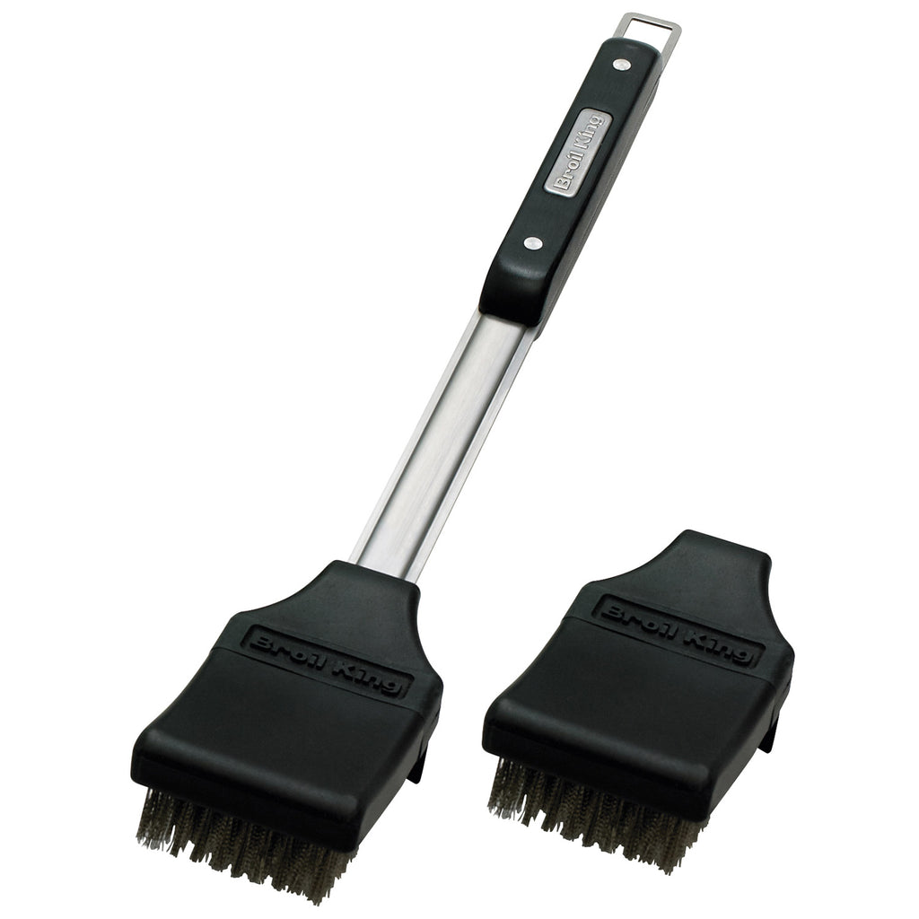 Grill brush with stainless handle and black head, dual-sided bristles