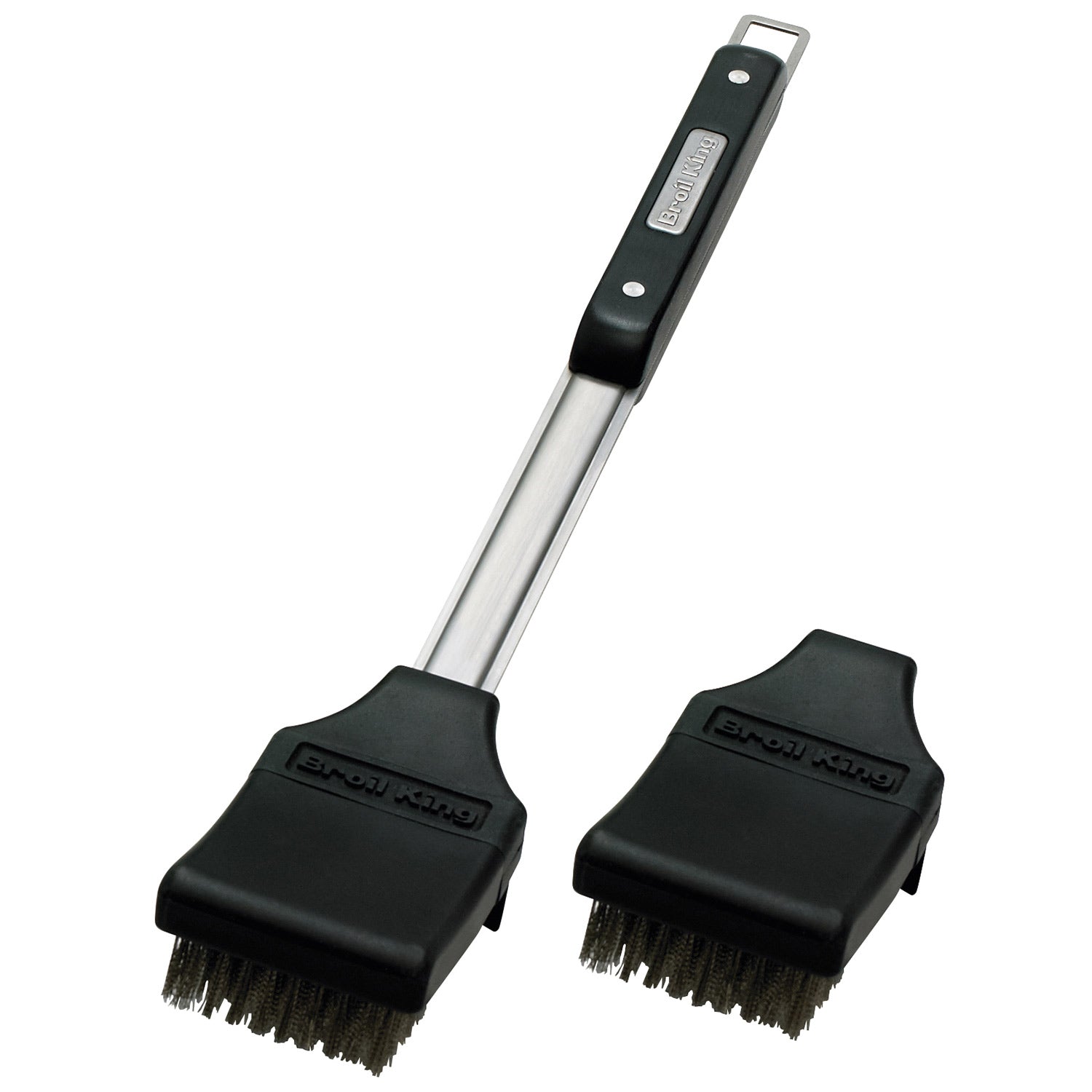 Grill brush with stainless handle and black head, dual-sided bristles