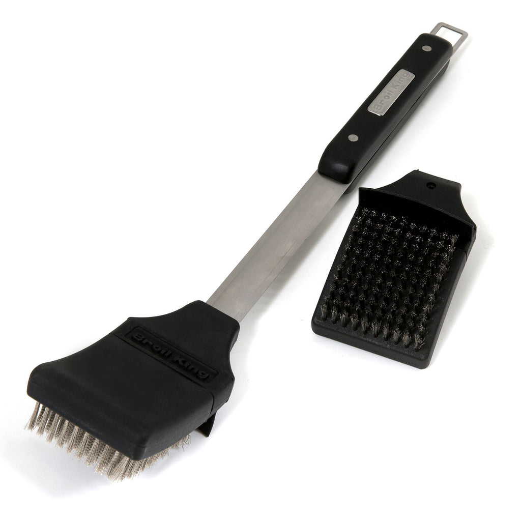 Grill brush with black bristle head and scraper pad attachment
