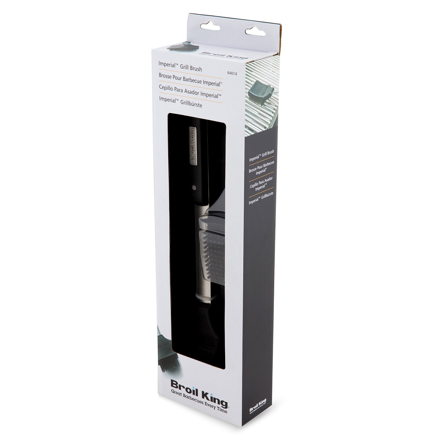 Grill brush retail box packaging with product window and black handle brush