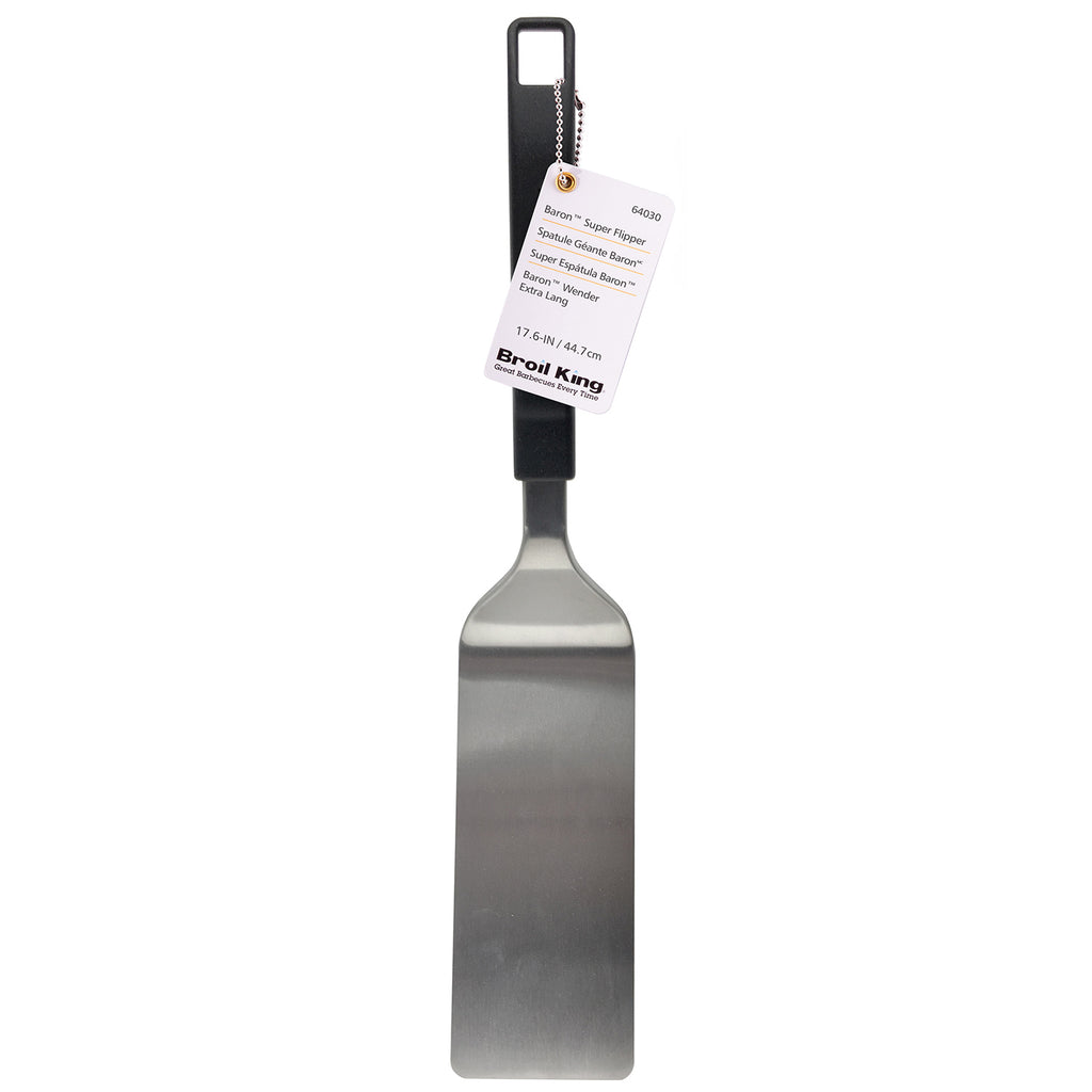 Baron Super Flipper grilling spatula upright with black handle and wide stainless-steel blade