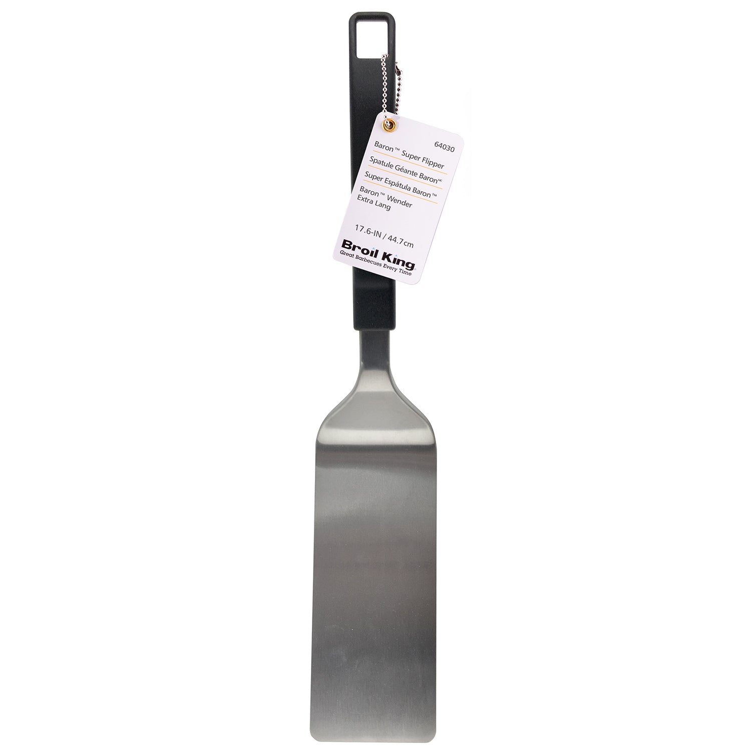Baron Super Flipper grilling spatula upright with black handle and wide stainless-steel blade