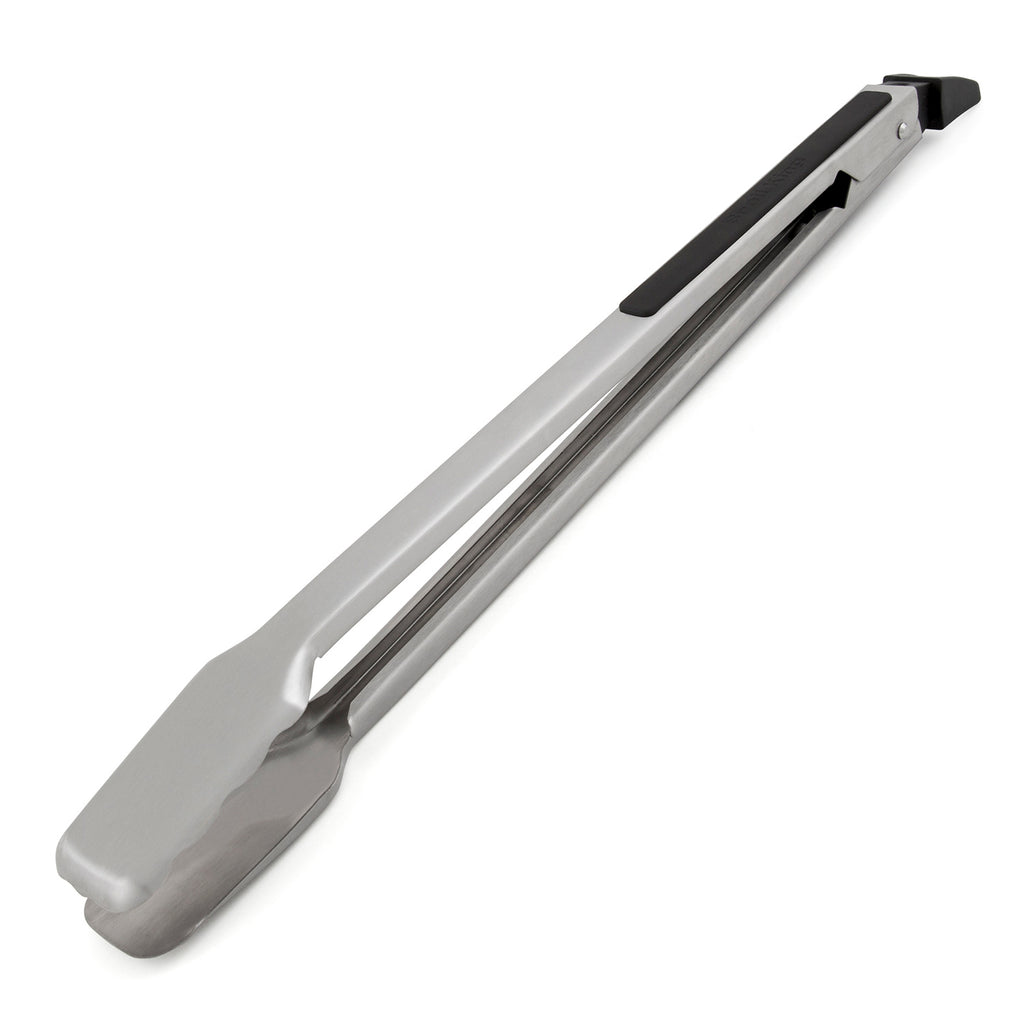 Stainless steel grill tongs with long handles and dark grips