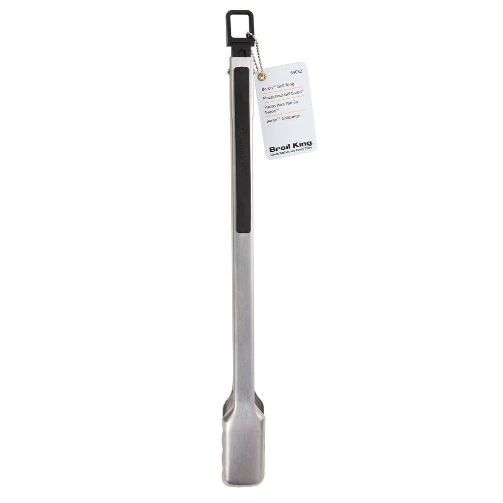 Broil King grill tongs with hanging tag, long stainless handle and black loop
