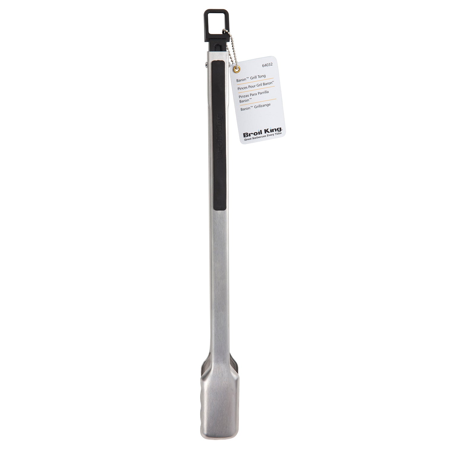 Broil King grill tongs with hanging tag, long stainless handle and black loop