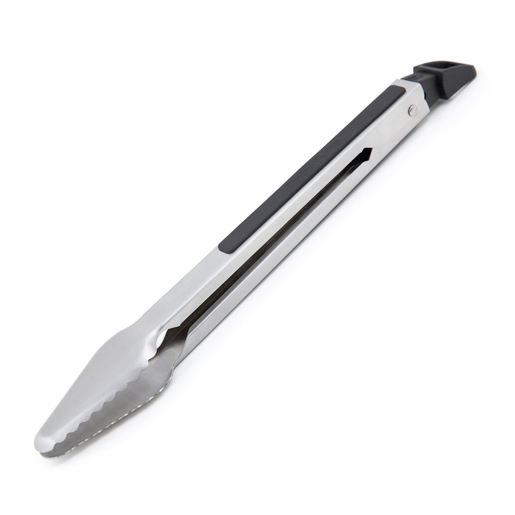 Broil King 12-inch baron grill tongs with black handles and serrated tips