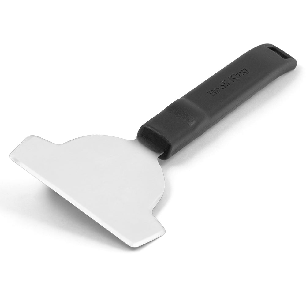 Plancha and griddle scraper with black handle and wide stainless-steel blade