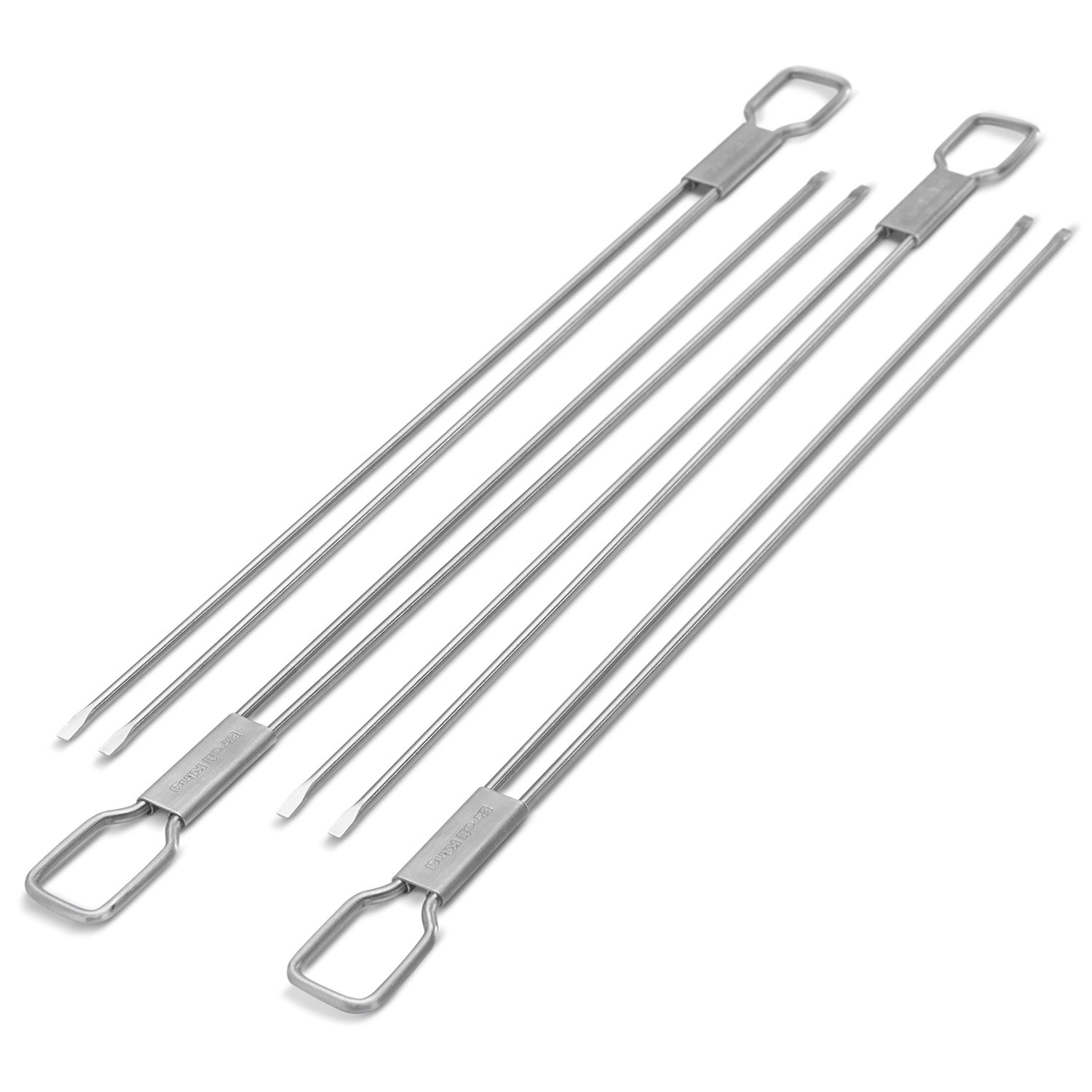 Set of four stainless steel dual-prong skewers with U-shaped handles