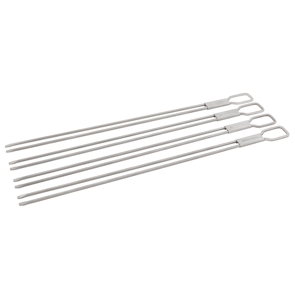 Four stainless steel dual-prong skewers laid flat with loop handles