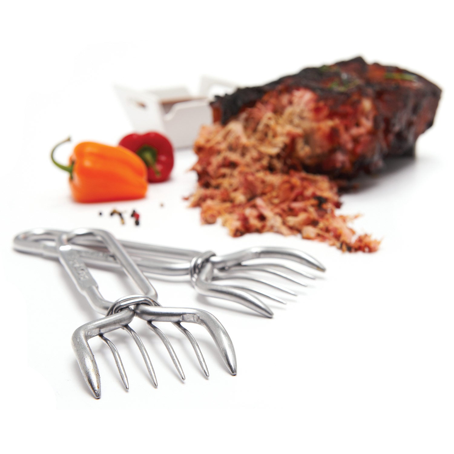 Stainless steel pork claws with four-prong grip for pulling pork from roast