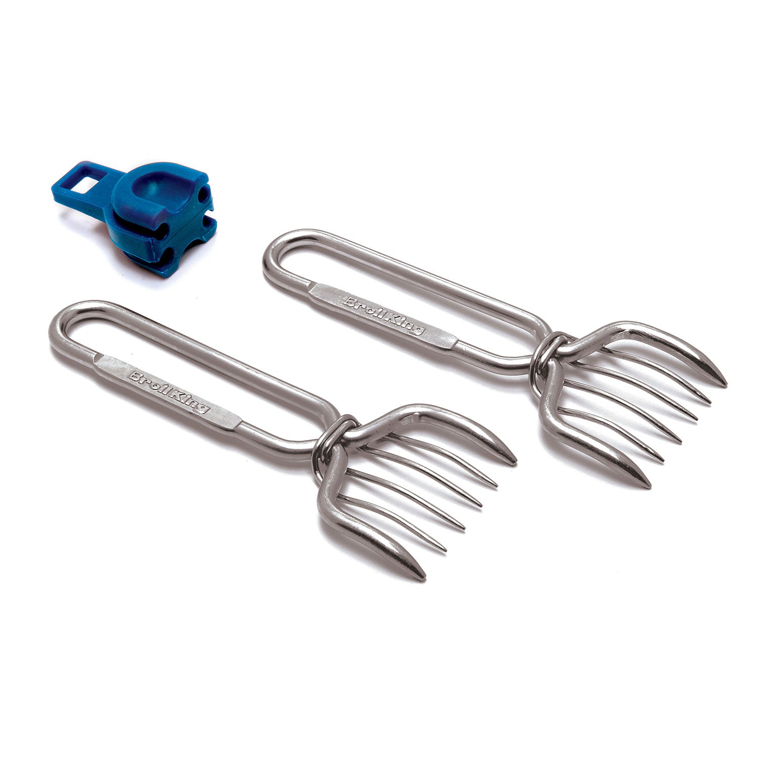 Stainless steel pork claws with four curved tines, with a blue accessory
