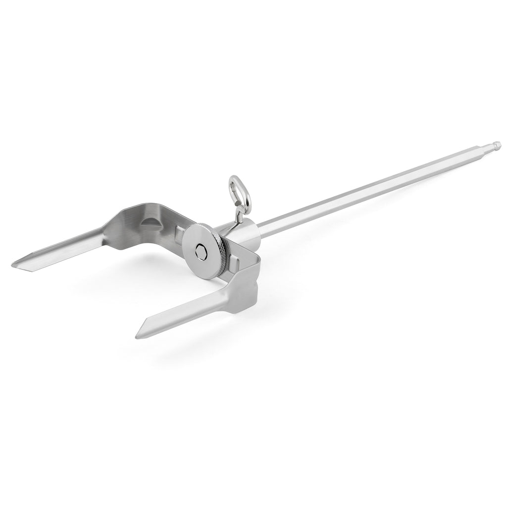 Meat shredder with two prongs and clamp lever, silver metal tool.