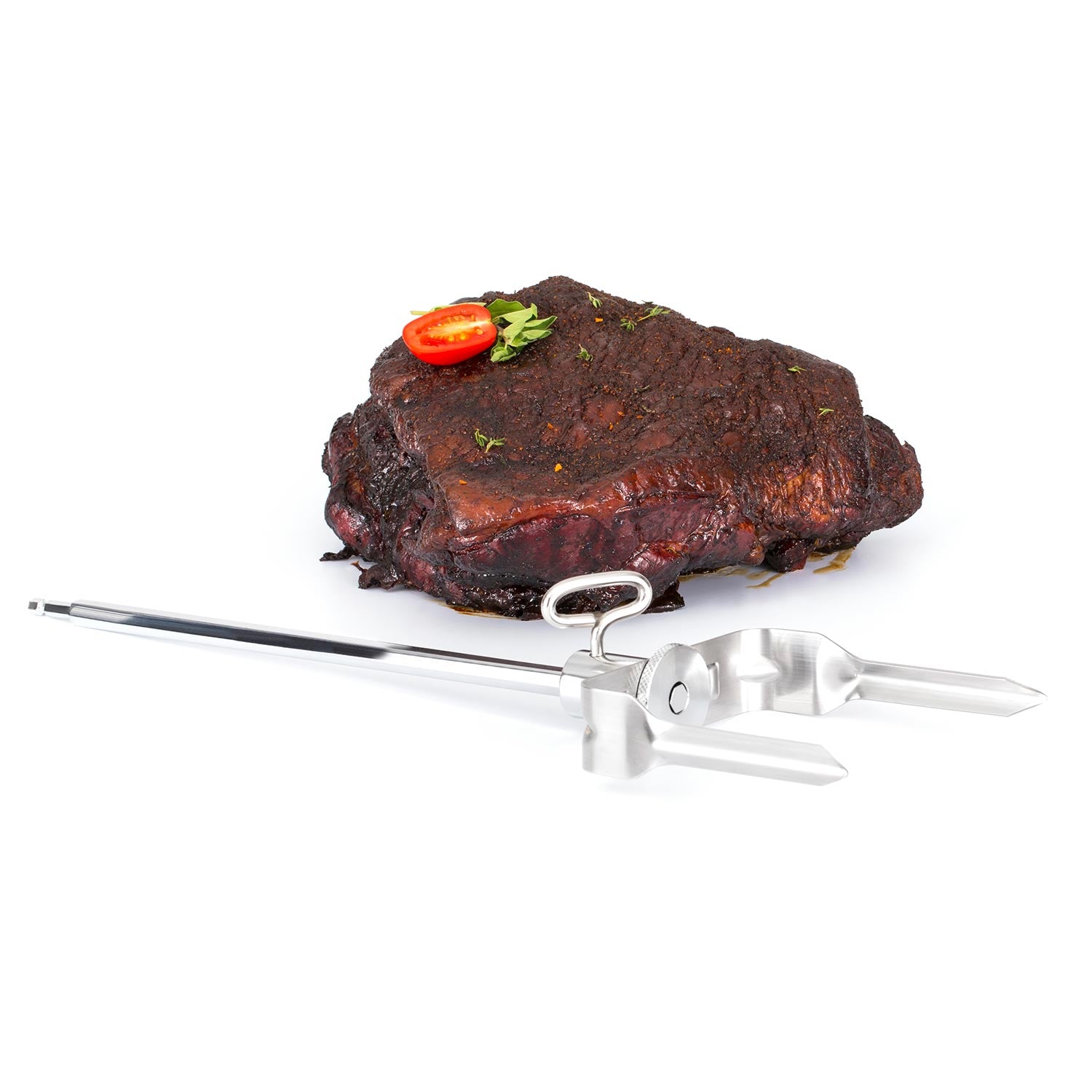 Meat shredder over seasoned brisket with toppings, silver prongs and lever.