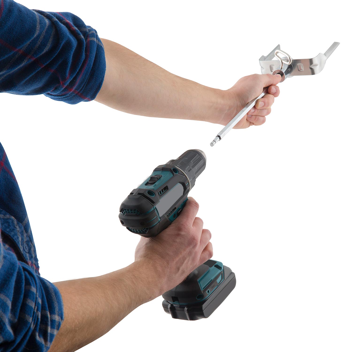 Meat shredder attachment with two prongs, operated with cordless drill by hand.