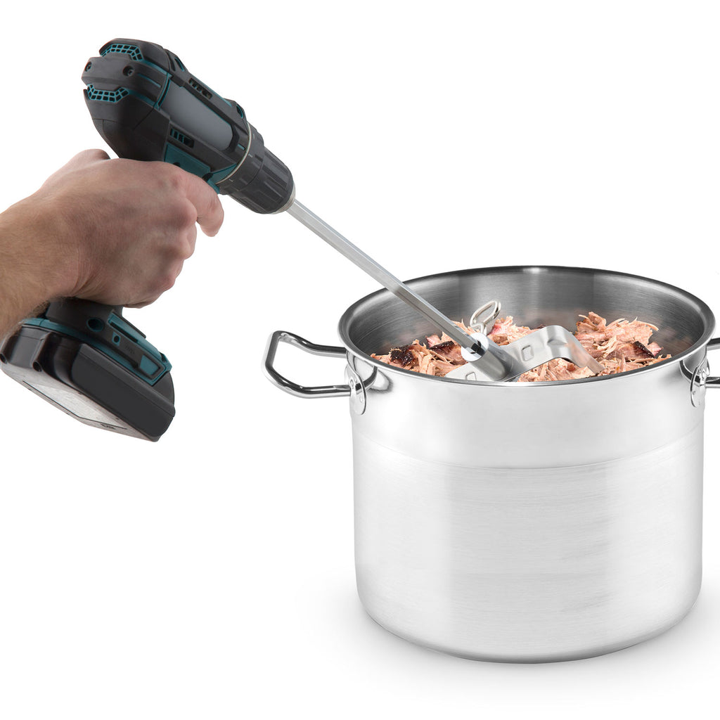 Meat shredder attachment over a large pot, prongs spinning through shredded meat.