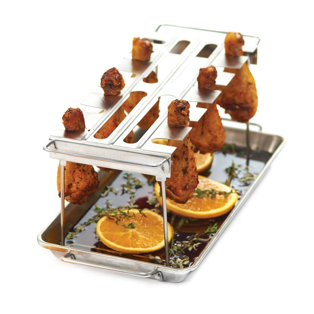 Stainless steel wing rack and drip pan with raised grid and two side handles
