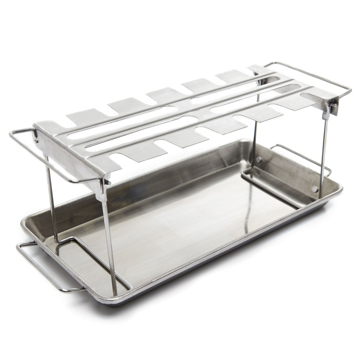 Stainless steel wing rack with raised cooking grid and two side support legs over a pan