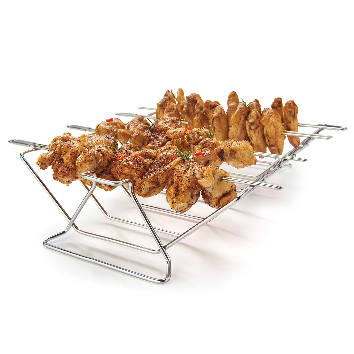 Stainless steel multi-rack skewer stand with several chicken skewers
